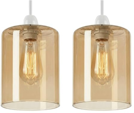 Amber Glass Lamp Shade E27 Pendant Light Shade Ceiling Lampshade 10cm Diameter 12cm Height Vintage Cylinder Glass Light Shade Replacement for Hanging Light Kitchen Bedroom Living Room (Pack 2)
