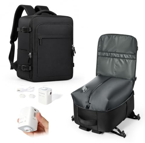 Bagage Cabine 45x36x20 Sac à Dos sous Vide Sac a Dos Voyage Cabine Avion | Sac de Compression sous Vide & Pompe Manuelle Bagage à Main Imperméable Femme Homme
