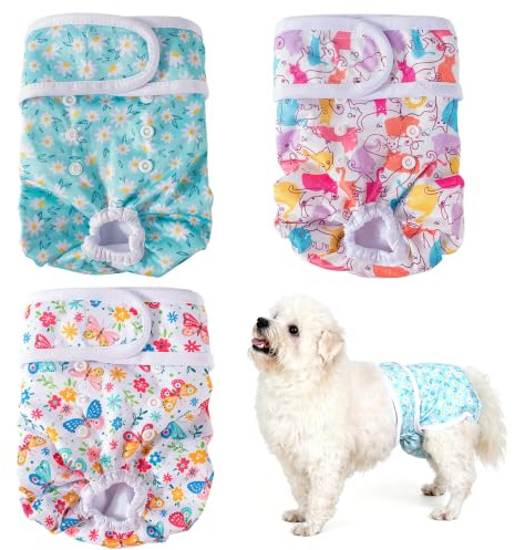 Shengxi 3 Piezas Pañales Perro Hembra Lavables y Reutilizables, Pañales para Perros Pequeños Hembra para Celo con Botones Ajustables, Bragas Perras Menstruales Altamente Absorbentes