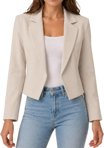 Women’s Cropped Blazer Jacket Lightweight Long Sleeve Fully Lined Collared Cropped Blazer, Casual Summer Office Work Party Jacket for Women Sizes SM-XXL (UK, Alpha, S, M, Regular, Regular, Stone)
