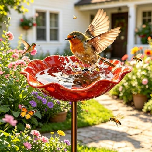 Mangeoire et Bain d'oiseaux Extérieur en Métal – Abreuvoir en Forme de Fleur sur Tige pour Jardin, Alimentation en Eau pour Oiseaux et Abeilles, Hauteur 60 cm (Rouge-1 PC)
