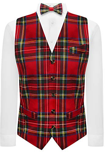 King & Priory Traditional Red & Yellow Tartan Check Waistcoat & Bow Tie Set - Large | 42in Chest