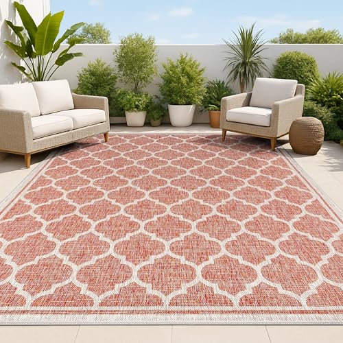 JONATHAN Y Moroccan Trellis Indoor Outdoor Area Rug 8X10 Red/Beige, Trebol Textured Weave for Backyard, Patio, Porch, Easy-Cleaning, High Traffic, Pet-Friendly, Non-Shedding (SMB109C-8)
