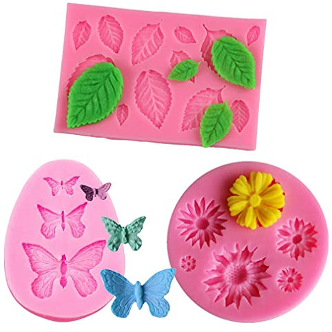 3 Pack Fondant Molds - Daisy, Butterfly, Leaf Silicone Chocolate Molds for Cake Decorating by RuiChy