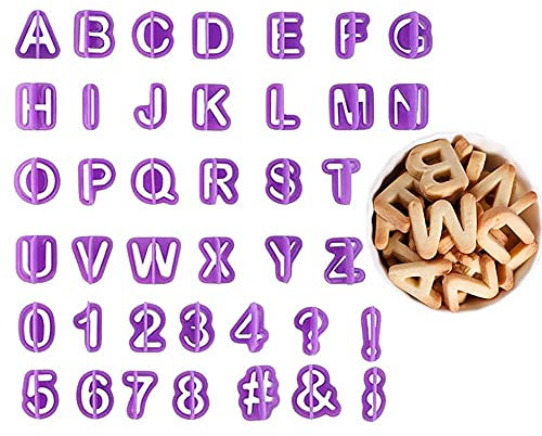 Juego de 40 cortadores de galletas con letras de plástico moradas para decoración de pasteles de fondant y números, herramientas para repostería y repostería