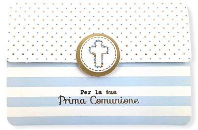 LINA OFFICINE GRAFICHE CREATIVE 56-560 Biglietto Auguri Comunione Bambino Portasoldi – Chiusura Magnetica, 11.50 x 16.50 cm, Comunione Strisce Azzurre