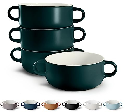 Kook Soup Crocks, Ceramic Bowls, Broil, Oven, Microwave and Dishwasher Safe, with Handles, For Casserole, Pasta, Cereal, 18 oz, Set of 4 (Hunter Green)