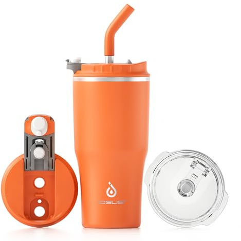 Ideus Isolierbecher 18oz (540ml), Doppelwandige Kaffeetasse Edelstahl Kaffeebecher Reisebecher mit auslaufsicherer Abdeckung und Stroh, geeignet für heiße und kalte Getränke (Orange)