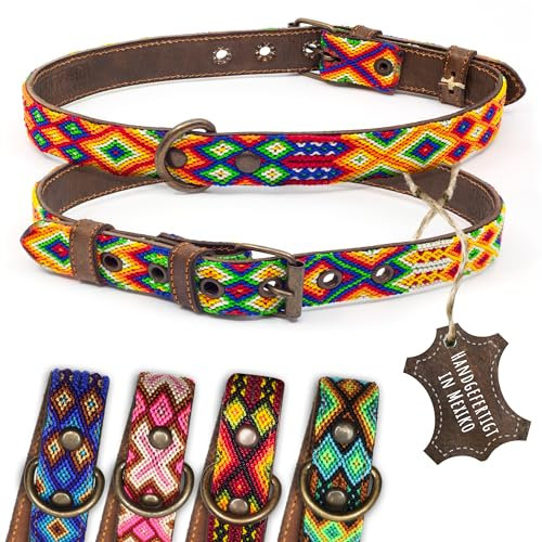 ALTEZAR Hundehalsband Leder - braunes Rindsleder Tribal Farbenrausch durchgehend Bestickt bunt - Handgemacht in Mexiko Lederhalsband Hund - Größe L - für große Hunde