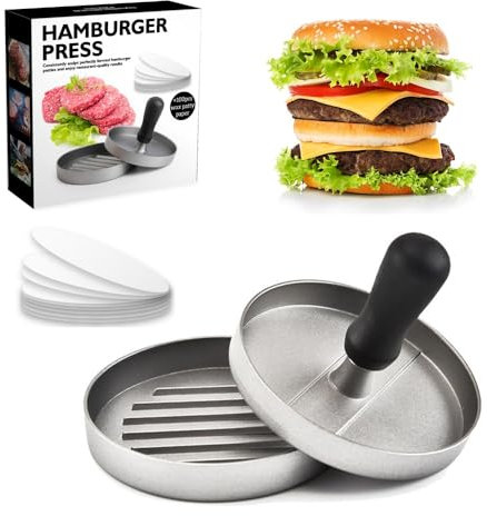 Pecewlos Pressa per hamburger con 100 fogli di carta da forno, set di pressa per hamburger, patties, barbecue, hamburger con rivestimento antiaderente