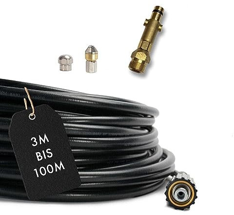 M&M Smartek Tuyau de nettoyage de canalisations compatible Nilfisk GERNI AG M22 x 1,5 IG pour adaptateur à baïonnette et 2 buses rotatives en 4 pièces (20 m)