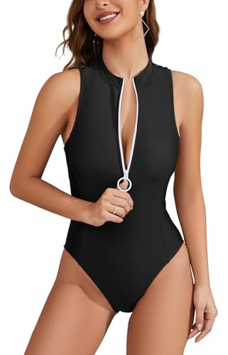 SHEKINI Donne costume da bagno sportivo intero collo alto protezione anti-irritazione body con cerniera, XL