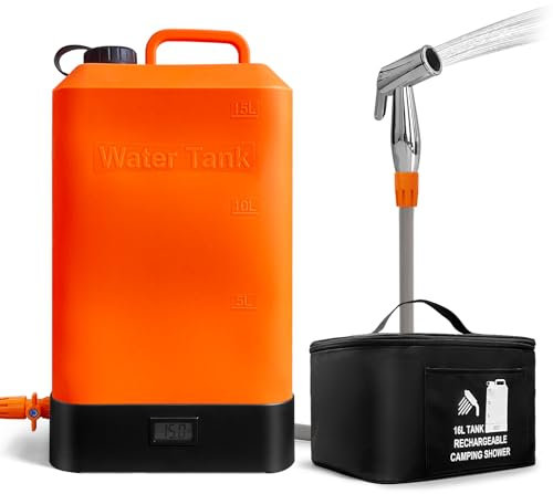 Koopsmate tragbare Außendusche, 16L Silikon Wassertank, batteriebetrieben, mit Temperaturanzeige und Solarheizung, einfach zu tragen, Notfallwasser im Auto, sehr geeignet für Camping, Strand und Baden