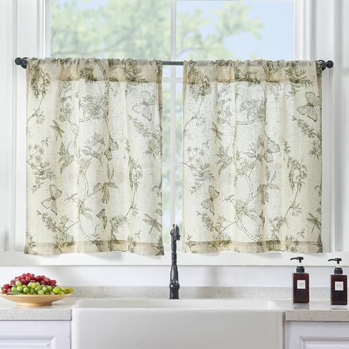 Lazzzy Linen Floral Kitchen Curtains 36 Inch Long, Green Farmhouse Kitchen Window Rustic Country Small Curtains Rod Pocket Tiers, Set of 2, Green on Beige