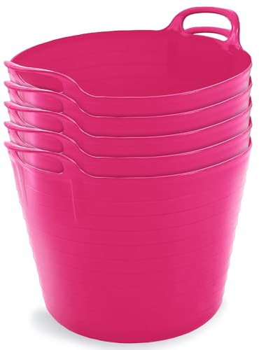 Neat Plastics 42 Flexi Tubs 5 Packs - Versatile Large Garden Tubs with Handles, Handy Builders Buckets Heavy Duty, Ideal Bath Bucket & Flexi Bucket, Durable Flexible Buckets for Home & Garden (Pink)