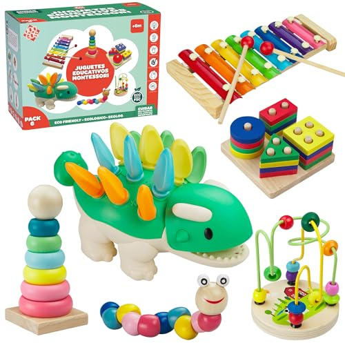 JOOGOS®️ 6 Juguetes Bebe 1 Año Montessori Estimulación Sensorial. Juguetes Montessori Bebes 6-12 Meses Niños y Niñas 1-2 Años Regalo Educativo Xilófono Dinosaurios Torre Apilable