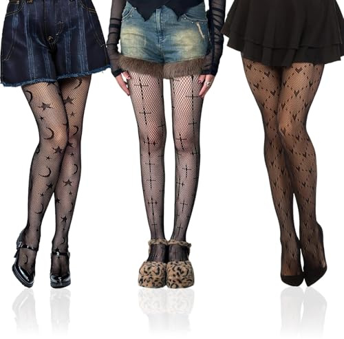 XoeLLe 3 Paia Collant Halloween Donna Calze a Rete di Halloween Nere Costume Accessorio Strega Sexy Vestiti per Ballo di Fine Anno, Spettacolo, Cosplay, Carnevale (Attraverso/Amore/Stelle Luna)