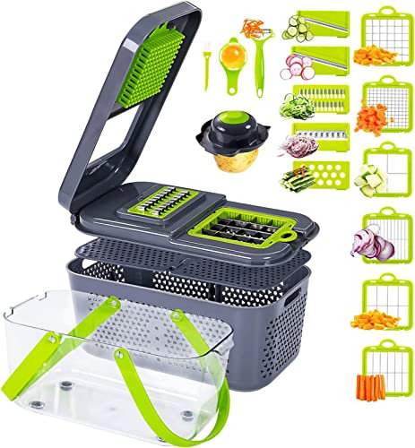 Professional 22-in-1 Deluxe Vegetable Chopper Mandoline Slicer for Kitchen - Onion Cutter & Dicer for Potato, Tomato, Veggie - Includes 13 Blades and Filter Basket - Premium Kitchen Gadget