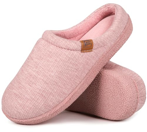 FamilyFairy Women’s Slippers Cosy Memory-Foam Striped Knit Non-Slip Indoor Outdoor Ladies House Shoes Pink,5-6