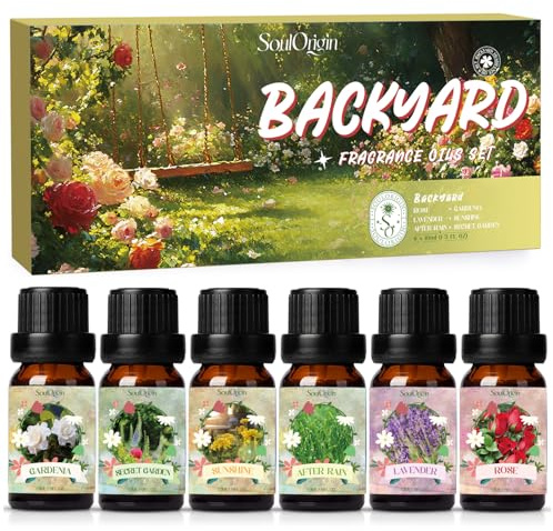 SoulOrigin Hinterhof Lot d'huiles essentielles pour diffuseur d'huile, huiles parfumées pour fabrication de savon 6 x 10 ml. Gardenia, rose, lavande, jardin secret, après la pluie et le soleil