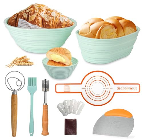 Sourdough Proving Basket,XWXO Home Kitchen Sourdough Starter Kit 9 inch Round & 10 Oval Basket with Silicone Bread Sling,Bread Lame,Bread Whisk,Dough Cutter and Silicone Oil Brush