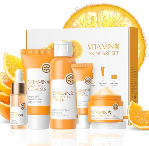 Set de Cuidado Facial Vitamina C 5 Piezas, Set Regalo Cuidado de la Piel Mujer con Limpiador Tónico Suero Crema para Ojos Crema Facial, Nutre e Hidrata el Rostro, para Adolescentes Mujeres