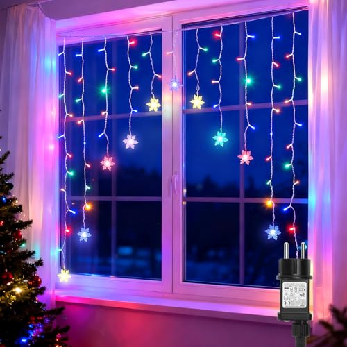 Aigostar Rideau Lumineux 3M + 1,5×1,2M, 82LED, 8 Modes Mémoire Et Minuterie, IP44, Intérieur/Extérieur, Guirlande Lumineuse Pour Fête Mariage Noël Jardin(RGBY)
