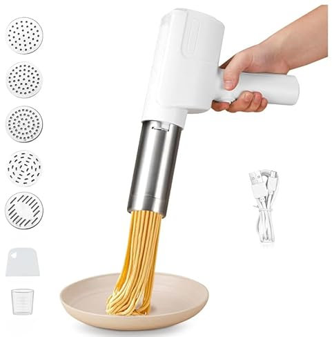 Elektrische Nudelpresse, Elektrische Nudel Presse für Haushalt, Handheld Elektrische Pasta Nudel Maschine, 2000mAh Tragbare Kabellose Automatische Pastamaschine Elektrisch mit 5 Pressformen (Weiß)