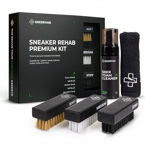 snkrehab - Shoe Cleaner Kit with Foam Cleaner for Sneakers - Footwear Cleaner & Sneaker Maintenance Kit with 3 Cleaning Brushes and Microfiber Towel - Shoe Care Kit for All Materials (150ml)