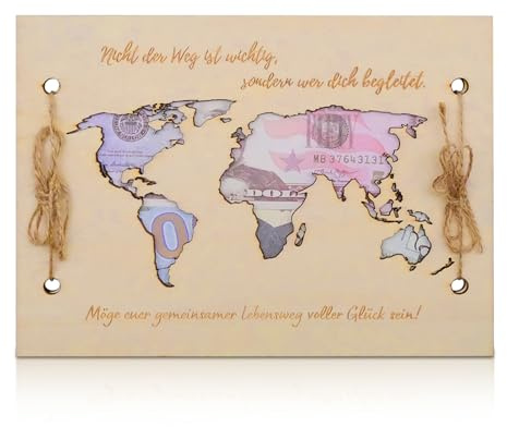 Ennoxwi Carte Cadeau Monétaire avec Planisphère - Carte en Bois pour Présent de Noces, Idée de Lune de Miel pour Les Mariés, Cadeau d'argent Personnalisé & Cadeaux pour Anniversaire