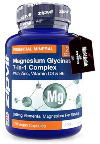 Zipvit Magnesium Glycinate 7-in-1 Complex, 1800mg with 388mg Elemental, High Absorption with Bisglycinate, Malate, Citrate, Oxide, Plus Vitamin D3, B6 & Zinc, 120 Capsules, Vegan Magnesium Supplements
