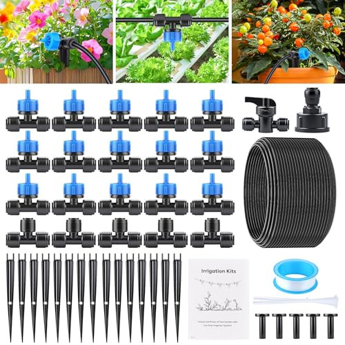YAOBLUESEA Kit Irrigazione Goccia, 60PCS Kit di Irrigazione a Goccia a Pressione Compensata (20M Tubo per Irrigazione), Delle Aiuole e Delle Piante Del Patio