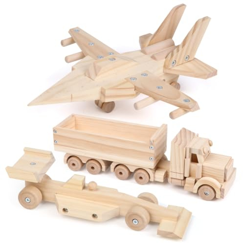 Jacootoys Juego de construcción de madera para niños, juego de construcción de madera para niños, kit de construcción de madera con pinturas y pinceles para niños y niñas, avión de combate, camión