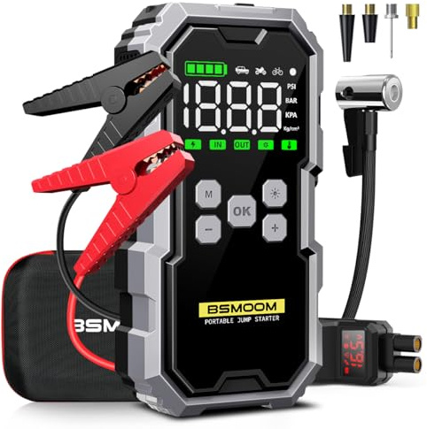 BSMOOM Arrancador de Coche con compresor de Aire, 6000 A Pico de Corriente 150 PSI, inflador de neumáticos Digital, Carga rápida Tipo C, Luces LED