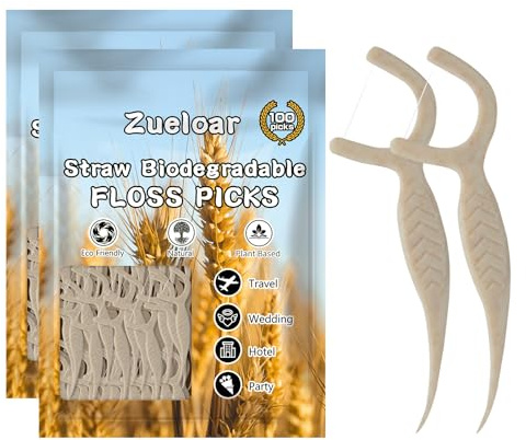 Straw Biodegradable Dental Floss Picks 200 Count,Zueloar Eco Friendly Natural Vegan Plant Based Floss Sticks,Tooth Flosser Clean for Adults Kids Oral Gum Care (200)