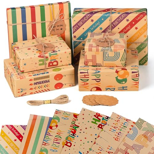 Birthday Wrapping Paper, 6 Sheets Recycled Kraft Birthday Gift Wrap Set with 6 Tags and 10m Jute String for Female Women Men Girls Boys Kids