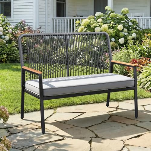 Clevich Wicker Garden Chair, Rattan Garden Bench, Balcony Chairs Metal and Rattan with 8 cm Thick Seat Cushion, Sturdy Metal Frame & WPC Arm Rest, for Patio, Garden and Porch, Grey