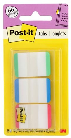 Post-it Tabs, 1 tum, linjerad, grön, blå, röd, 22 flikar/färg, 66 flikar/på-språng dispenser (686L-GBR)
