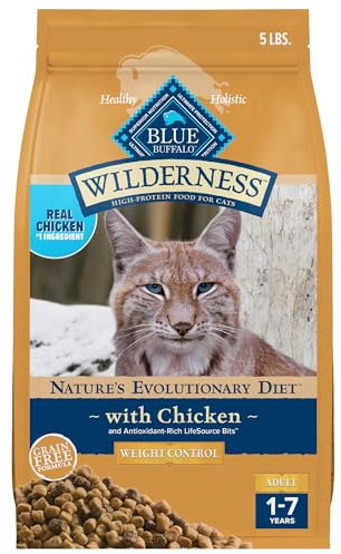 Blue Buffalo Wilderness Natural Adult Weight Management Dry Cat Food, High-Protein & Grain-Free Weight Control Formula, Chicken, 5-lb Bag