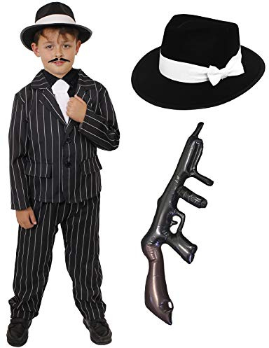 Disfraz de gángster de los años 20 para niños, traje de rayas negras, corbata blanca, sombrero de trilby negro y pistola hinchable, para niños (12-14 años)
