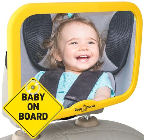 Royal Rascals Lockable Baby Car Mirror for Back Seat - Shatterproof Car Mirror Rear View w/360° Rotation, Adjustable & Sturdy Mount, Essentials for Newborn Safety+Baby on Board Sign, Yellow