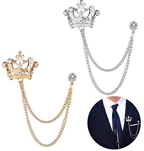 2PCS Men's Crown Hanging Chain Brooch with Stone Detailing, Engraving, Metal Crystal, Suit Stud Lapel Pin, Vintage Rhinestone Breastpin Wedding Brooch Pin, Gold and Silver
