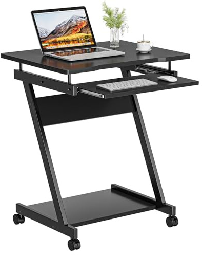Dripex Mobile Computer Desk Z-Shaped with Sliding Keyboard Wood PC Table Laptop Desk Furniture Study Workstation for Home Office, Black, 60 x 48 x 73 cm