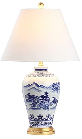 JONATHAN Y 26.5 Blue and White Ceramic Ginger Jar Table Lamp, Traditional Chinoiseries Landscape for Bedroom Living Room, White Linen Empire Shade, LED Bulb Included JYL6610A