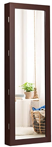 RELAX4LIFE Armadietto Portagioie con Specchio e Luci a LED, Armadietto con Serratura da Appendere alla Porta o alla Parete, Armadietto in Legno, Ideale per Soggiorno, 108x37x9,5 cm (Marrone)