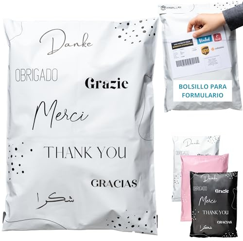 EMBALLAX - 50 Pochettes d’Envoie Colis Vinted avec Pochette pour Bordereau - Taille L 40x30cm - Résistante, Opaque - Enveloppe Plastique Expédition - Emballage Envoie Vetement, Boite, Sac - Merci