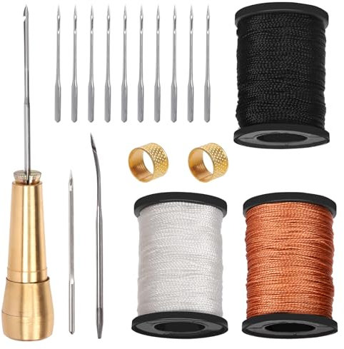 Tanstic Kit punteruolo da cucito in pelle, 19 pezzi, include ago per punteruolo da cucito in pelle con manico in rame, filo di nylon da 50 m 3 colori e ditali per fai da te fatto a mano, cucito,
