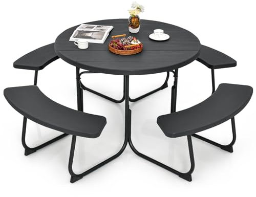 COSTWAY Sitzgarnitur für 8 Personen, Picknicktisch mit Schirmloch & 4 Bänken, runder Gartentisch mit HDPE-Tischplatte und Metallgestell, Gartengarnitur, Gartenmöbel, Sitzgruppe für Garten, Terrasse