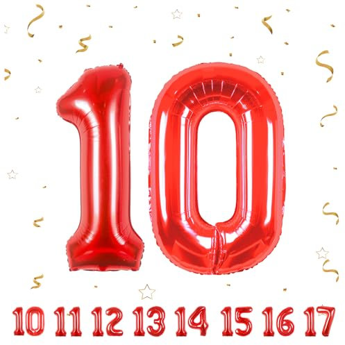 Globos de 10 cumpleaños,Rojo 10 pulgadas Globo número, 10 decoraciones de Globo número cumpleaños para hombre y mujer, Globo inflable de lámina de Rojo 10