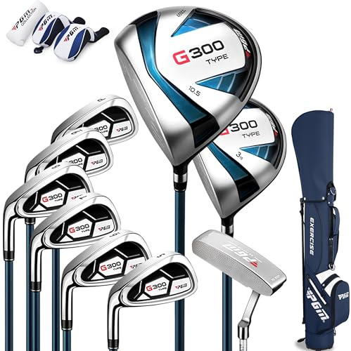 PGM Men's G300 Type Complete Golf Club Set - Titanium #1 Driver, Draw-Biased Hybrid, High-Strength Stainless Steel Iron Set, High Forgiveness Putter, with Stand Bag (Left-Handed, 9Pcs Clubs-Regular)